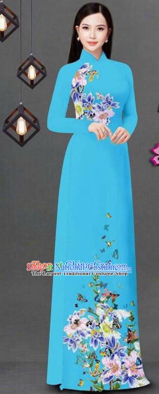 Vietnam Traditional Bride Costume Vietnamese Printing Flowers Blue Ao Dai Qipao Dress Cheongsam for Women