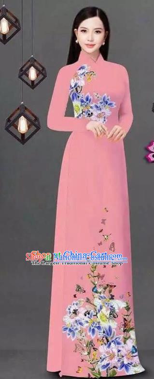 Vietnam Traditional Bride Costume Vietnamese Printing Flowers Pink Ao Dai Qipao Dress Cheongsam for Women