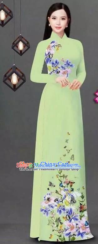 Vietnam Traditional Bride Costume Vietnamese Printing Flowers Green Ao Dai Qipao Dress Cheongsam for Women