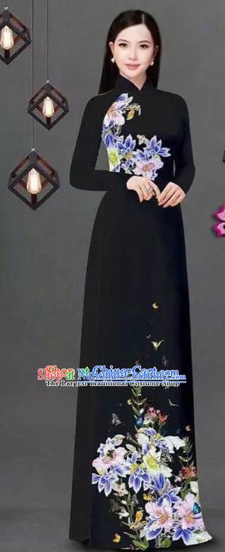 Vietnam Traditional Bride Costume Vietnamese Printing Flowers Black Ao Dai Qipao Dress Cheongsam for Women