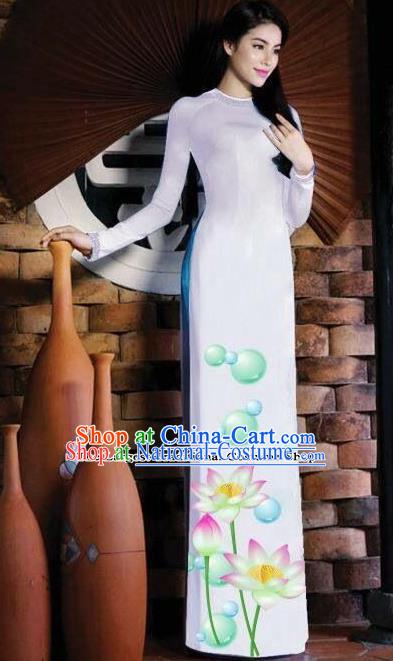 Vietnam Traditional Bride Costume Vietnamese Printing Lotus White Ao Dai Qipao Dress Cheongsam for Women