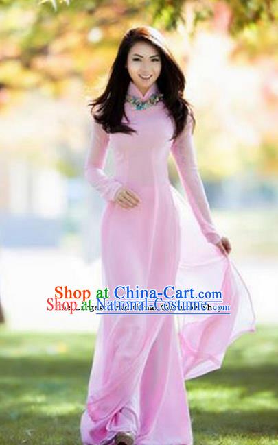 Vietnam Traditional Bride Costume Vietnamese Pink Ao Dai Qipao Dress Cheongsam for Women