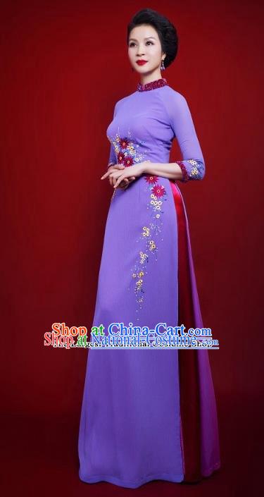 Vietnam Traditional Female Costume Vietnamese Bride Purple Ao Dai Qipao Dress Cheongsam for Women