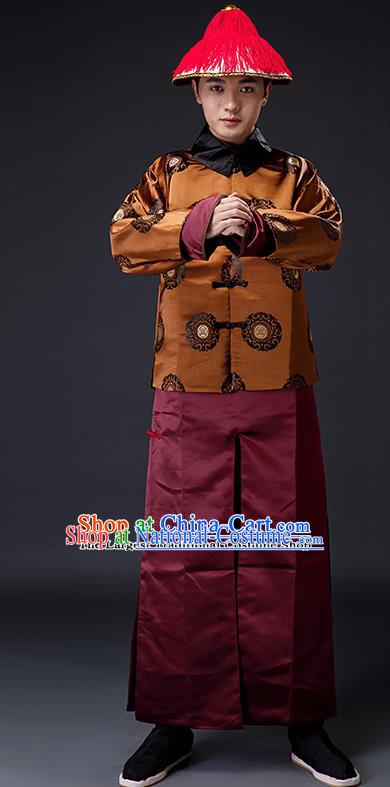 Traditional Chinese Ancient Drama Costumes Qing Dynasty Imperial Bodyguard Clothing and Hat for Men