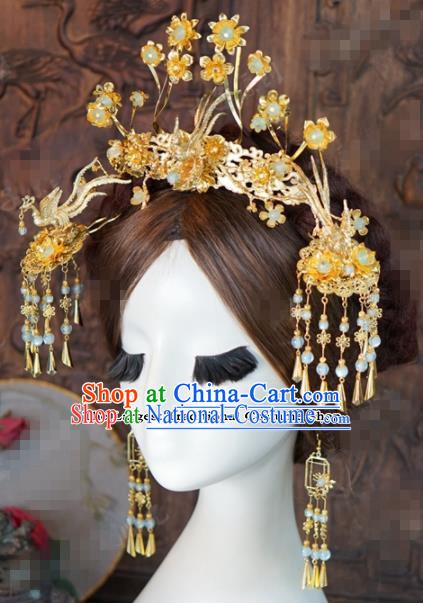 Chinese Ancient Wedding Hair Accessories Golden Phoenix Coronet Palace Queen Hairpins for Women