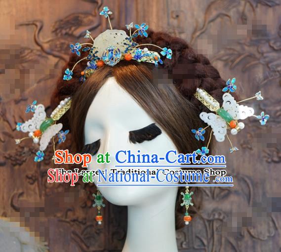 Chinese Ancient Hair Accessories Wedding Bride Jade Butterfly Hair Clips Hairpins Complete Set for Women