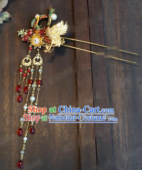 Chinese Ancient Hair Accessories Wedding Bride Crane Tassel Hair Clips Hairpins for Women