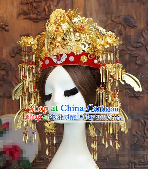 Chinese Ancient Queen Golden Phoenix Coronet Wedding Bride Hairpins Headdress for Women