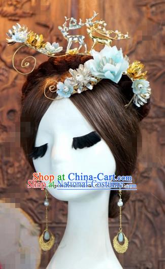 Chinese Ancient Queen Blue Flowers Hair Clip Wedding Bride Hairpins Headdress for Women