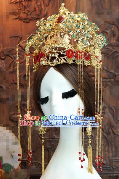 Chinese Ancient Queen Tassel Phoenix Coronet Wedding Bride Hairpins Headdress for Women