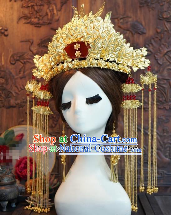 Chinese Ancient Queen Golden Luxurious Phoenix Coronet Wedding Bride Headdress Hairpins for Women