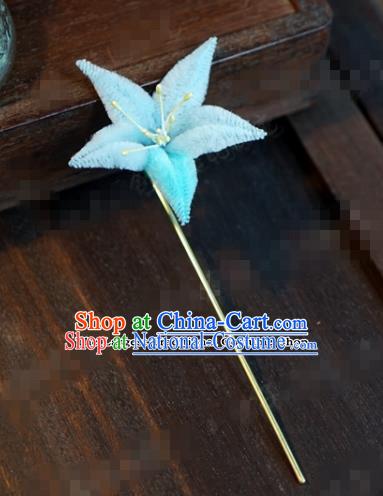 Chinese Ancient Queen Hair Clip Wedding Bride Headdress Blue Velvet Flower Hairpins for Women