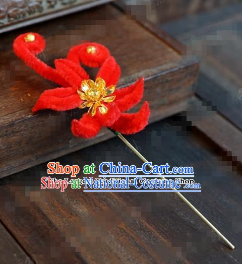 Chinese Ancient Queen Red Velvet Flower Hair Clip Wedding Bride Headdress Hairpins for Women