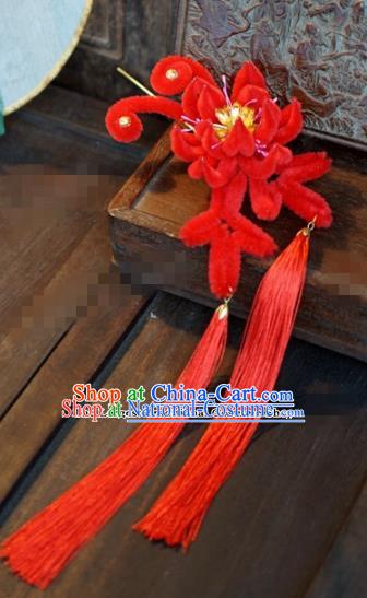 Chinese Ancient Queen Tassel Hair Clip Wedding Bride Headdress Red Velvet Flower Hairpins for Women