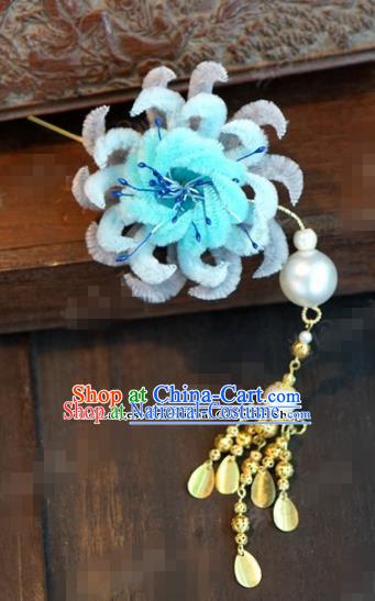 Chinese Ancient Queen Blue Velvet Chrysanthemum Hair Clip Wedding Bride Headdress Hairpins for Women