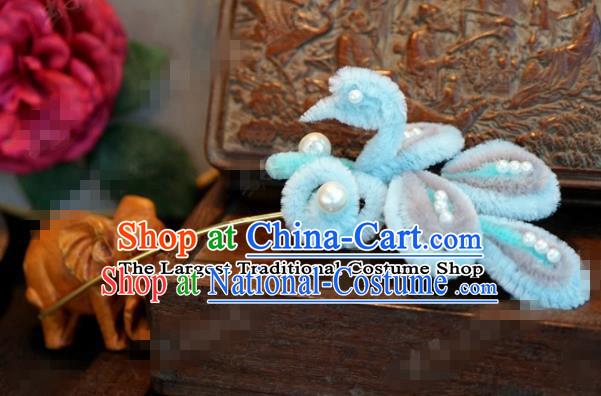 Chinese Ancient Queen Blue Velvet Hair Clip Wedding Bride Headdress Hairpins for Women