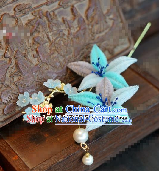 Chinese Ancient Queen Blue Velvet Flowers Hair Clip Wedding Bride Headdress Hairpins for Women