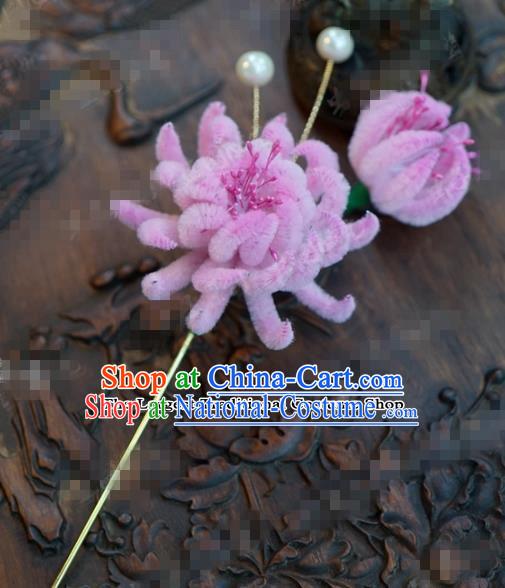 Chinese Ancient Qing Dynasty Empress Hair Clip Palace Pink Chrysanthemum Hairpins for Women