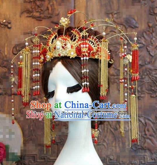 Chinese Ancient Empress Red Beads Tassel Phoenix Coronet Palace Wedding Hairpins Complete Set for Women