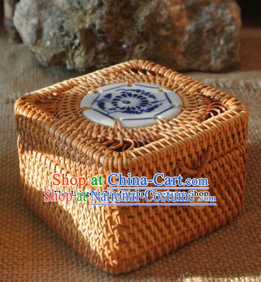 Asian Vietnamese Traditional Craft Rattan Tea Box Straw Plaited Storage Box