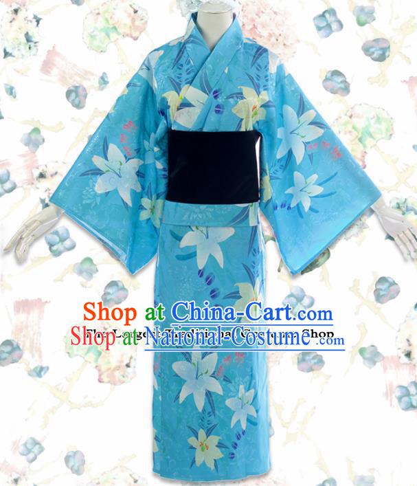 Japanese Traditional Cosplay Costumes Japan Kimono Blue Robe for Women