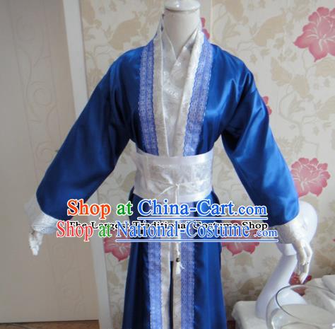 Chinese Traditional Cosplay Assassin Costumes Ancient Swordsman Blue Clothing for Men