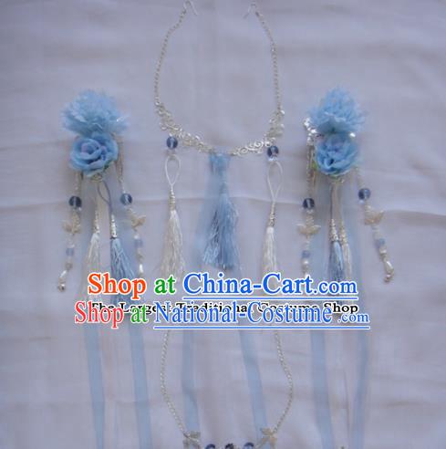 Chinese Traditional Classical Hair Accessories Ancient Princess Blue Flowers Hairpins for Women