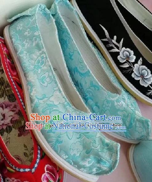 Chinese Traditional Hanfu Shoes Embroidered Shoes Handmade Blue Satin Shoes for Women