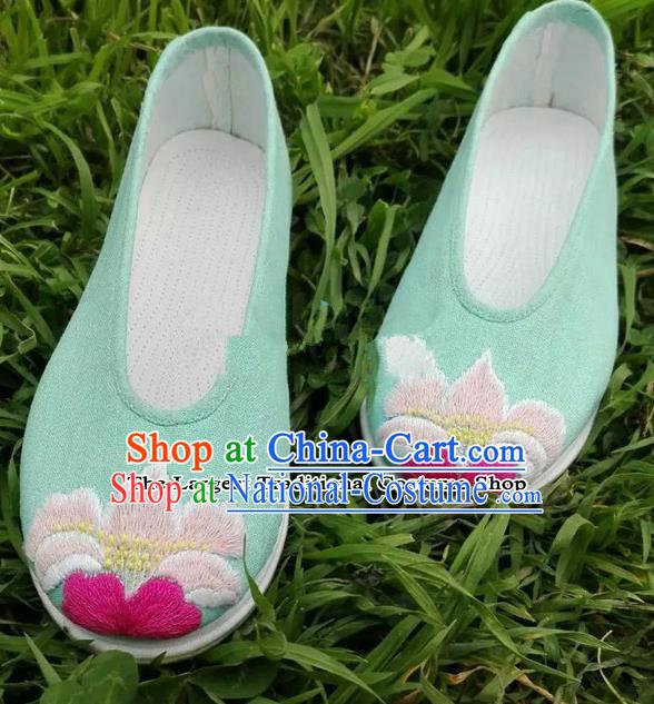 Chinese Traditional Hanfu Shoes Ancient Princess Green Embroidered Shoes Handmade Cloth Shoes for Women