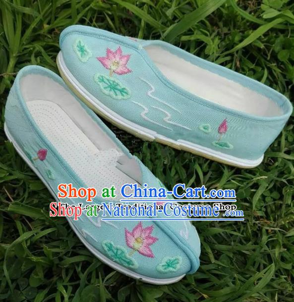 Chinese Traditional Hanfu Shoes Ancient Princess Blue Embroidered Shoes Handmade Cloth Shoes for Women