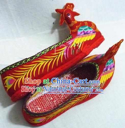 Chinese Traditional Hanfu Shoes Ancient Princess Red Phoenix Embroidered Shoes Handmade Shoes for Women