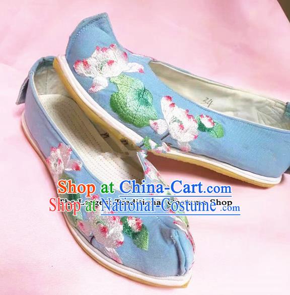 Chinese Traditional Hanfu Shoes Embroidered Lotus Shoes Handmade Blue Cloth Shoes for Women