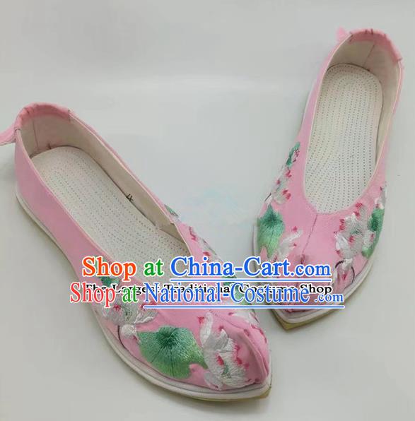 Chinese Traditional Hanfu Shoes Embroidered Lotus Shoes Handmade Pink Cloth Shoes for Women