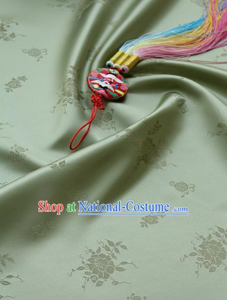 Traditional Asian Classical Peony Pattern Cloth Drapery Green Brocade Korean Hanbok Palace Satin Silk Fabric