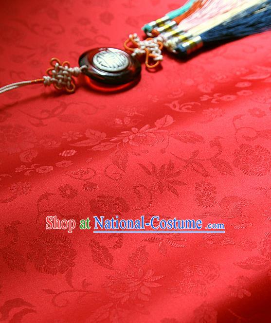 Traditional Asian Classical Flowers Pattern Cloth Drapery Red Brocade Korean Hanbok Palace Satin Silk Fabric