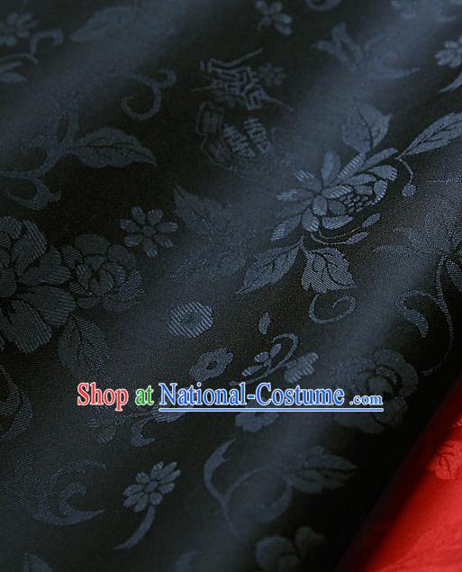 Traditional Asian Classical Flowers Pattern Cloth Drapery Black Brocade Korean Hanbok Palace Satin Silk Fabric