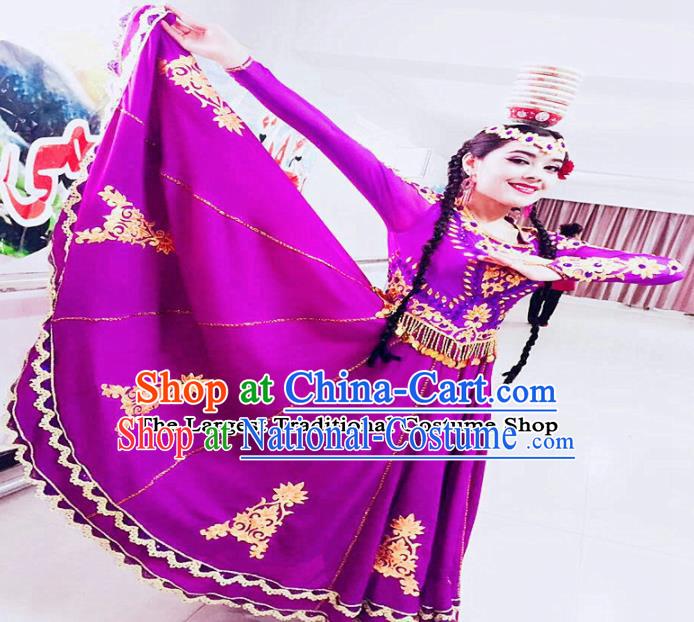 Chinese Ethnic Costumes Folk Dance Purple Dress Traditional National Uyghur Nationality Clothing for Women