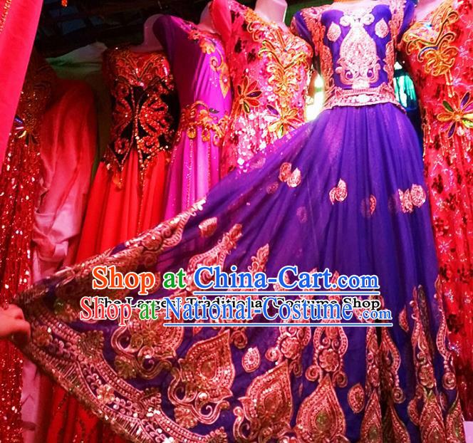 Chinese Ethnic Costumes Folk Dance Royalblue Dress Traditional National Uyghur Nationality Clothing for Women