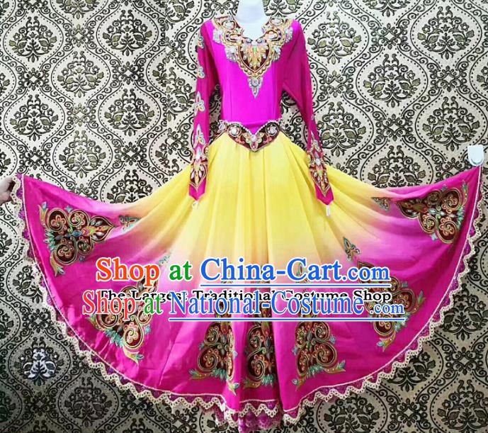 Chinese Ethnic Folk Dance Rosy Dress Traditional National Uyghur Nationality Costumes for Women