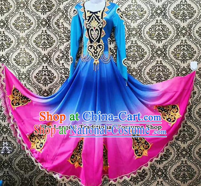 Chinese Ethnic Folk Dance Blue Dress Traditional National Uyghur Nationality Costumes for Women