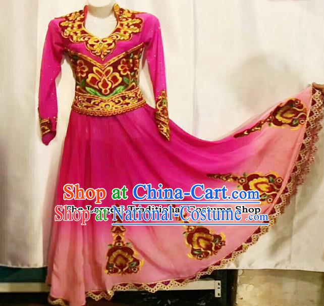 Chinese Ethnic Folk Dance Pink Dress Traditional National Uyghur Nationality Costumes for Women