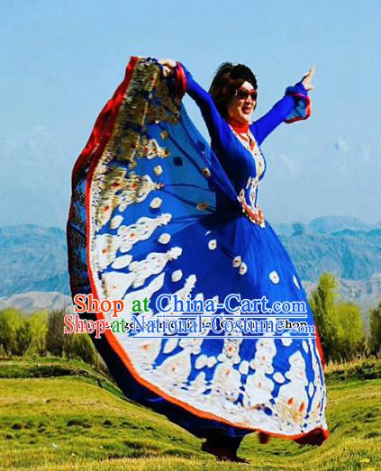 Chinese Ethnic Folk Dance Deep Blue Dress Traditional National Uyghur Nationality Costumes for Women