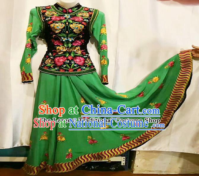 Chinese Ethnic Folk Dance Embroidered Green Dress Traditional National Uyghur Nationality Costumes for Women