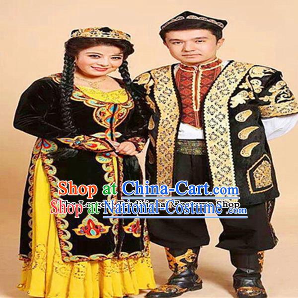 Chinese Ethnic Minority Folk Dance Embroidered Dress Traditional Uyghur Nationality Bride and Bridegroom Costumes