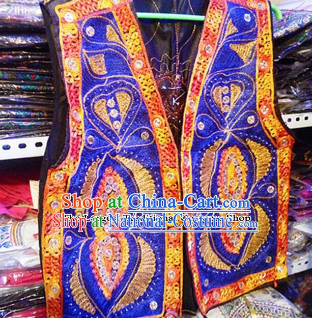 Chinese Ethnic Minority Folk Dance Embroidered Royalblue Vest Traditional Uyghur Nationality Costume for Women