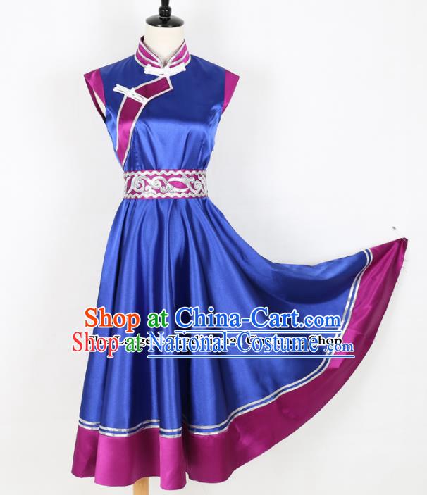 Chinese Mongolian Ethnic Minority Blue Dress Traditional Mongol Nationality Folk Dance Costume for Women