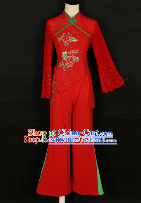 Chinese Traditional Folk Dance Costumes Yanko Dance Fan Dance Red Clothing for Women