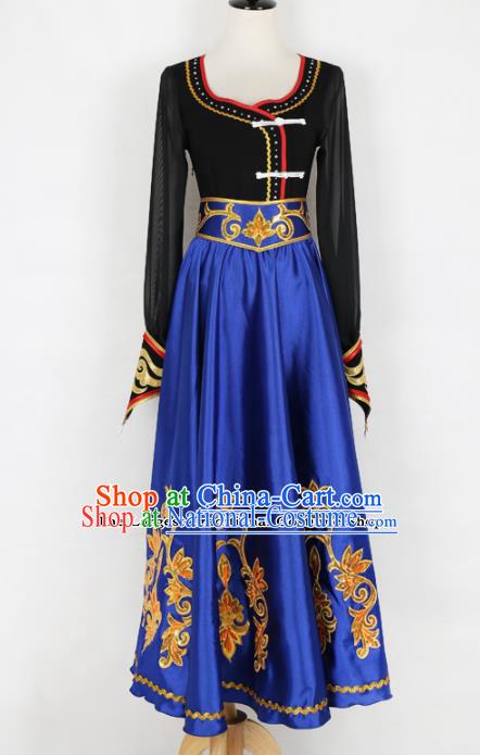 Chinese Mongolian Ethnic Minority Blue Dress Traditional Nationality Folk Dance Costume for Women