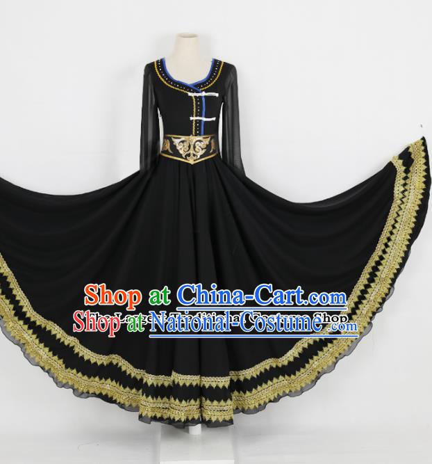 Chinese Mongolian Ethnic Minority Black Dress Traditional Nationality Folk Dance Costume for Women