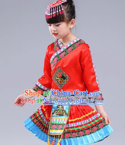 Chinese Traditional Miao Nationality Folk Dance Red Pleated Skirt Ethnic Dance Costumes for Kids